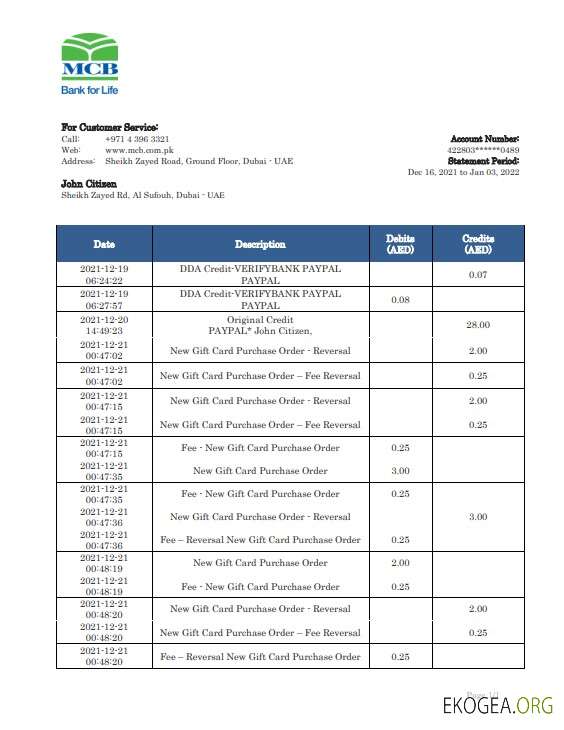 Modèle de relevé bancaire MCB des Émirats arabes unis au format Word et PDF